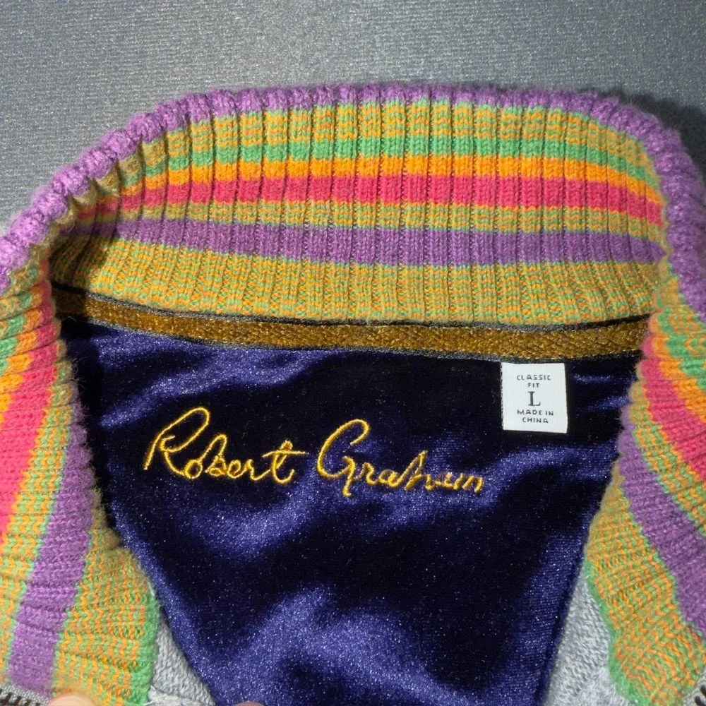 Robert Graham Mens Gray Cotton Quarter Zip Sweater Classic Fit Striped Trim L
